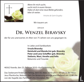 Traueranzeige von Wenzel Biravsky von Tageszeitung