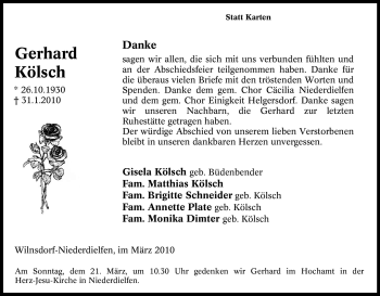 Traueranzeige von Gerhard Kölsch von Tageszeitung