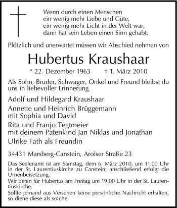 Traueranzeige von Hubertus Kraushaar von Tageszeitung