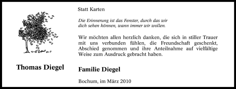  Traueranzeige für Thomas Diegel vom 20.03.2010 aus Tageszeitung