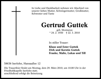 Traueranzeige von Gertrud Guttek von Tageszeitung