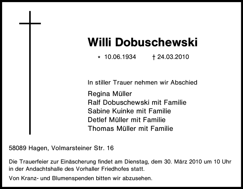  Traueranzeige für Willi Dobuschewski vom 26.03.2010 aus Tageszeitung