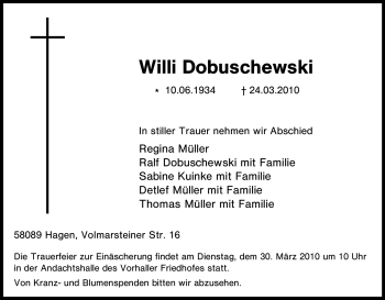 Traueranzeige von Willi Dobuschewski von Tageszeitung