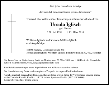 Traueranzeige von Ursula Iglisch von Tageszeitung