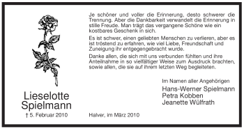 Traueranzeige von Lieselotte Spielmann von Tageszeitung