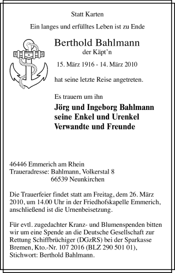 Traueranzeige von Berthold Bahlmann von Tageszeitung