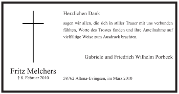Traueranzeige von Fritz Melchers von Tageszeitung