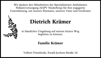 Traueranzeige von Dietrich Krämer von Tageszeitung