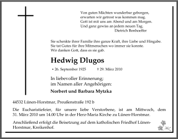 Traueranzeige von Hedwig Dlugos von Tageszeitung