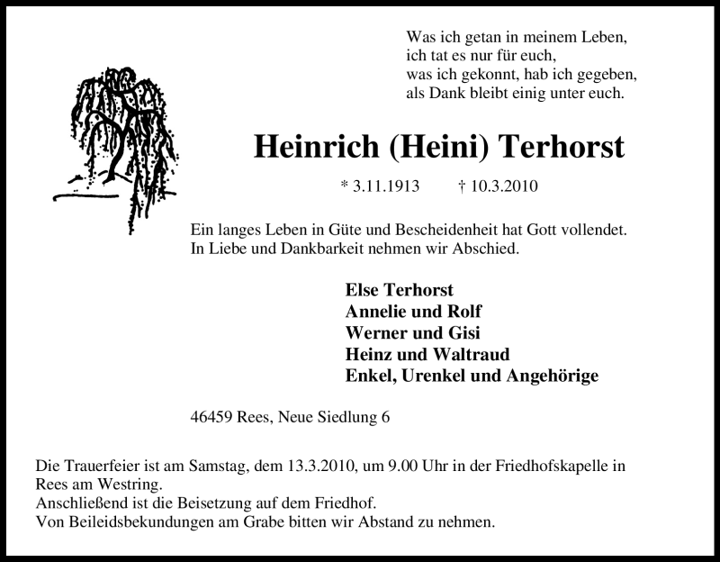  Traueranzeige für Heinrich Terhorst vom 11.03.2010 aus Tageszeitung