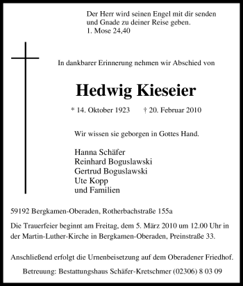 Traueranzeige von Hedwig Kieseier von Tageszeitung