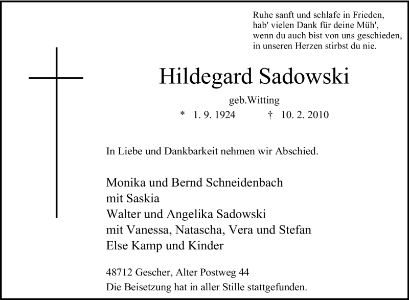  Traueranzeige für Hildegard Sadowski vom 17.03.2010 aus Tageszeitung