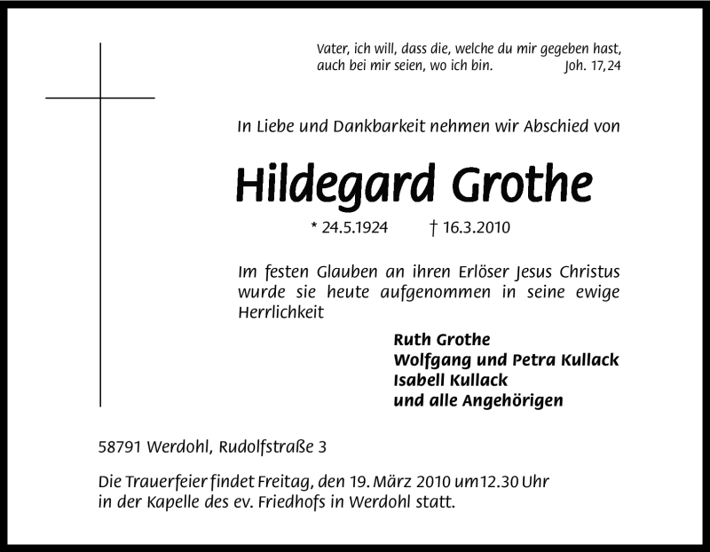  Traueranzeige für Hildegard Grothe vom 18.03.2010 aus Tageszeitung