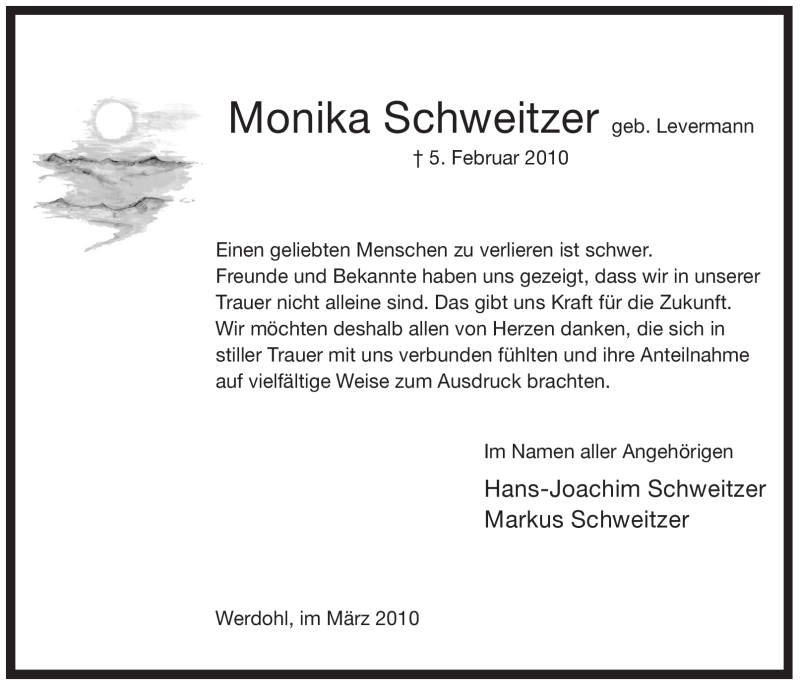  Traueranzeige für Monika Schweitzer vom 27.03.2010 aus Tageszeitung