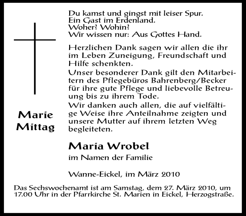 Traueranzeige für Marie Mittag vom 17.03.2010 aus Tageszeitung