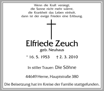 Traueranzeige von Elfriede Zeuch von Tageszeitung