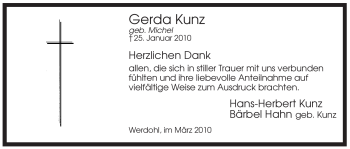 Traueranzeige von Gerda Kunz von Tageszeitung