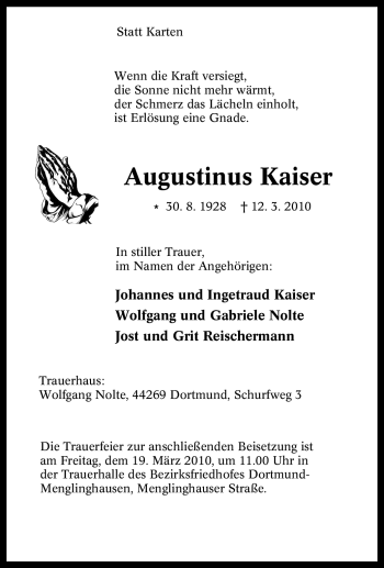 Traueranzeige von Augustinus Kaiser von Tageszeitung