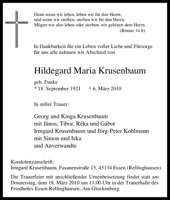Traueranzeige von Hildegard Maria Krusenbaum von Tageszeitung