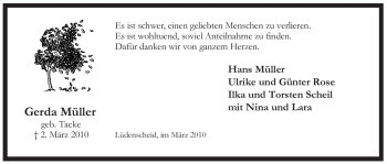 Traueranzeige von Gerda Müller von Tageszeitung