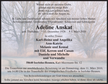 Traueranzeige von Adeline Anskat von Tageszeitung