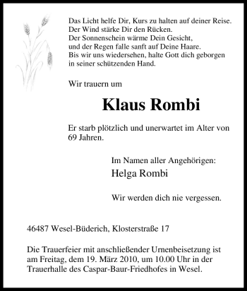Traueranzeige von Klaus Rombi von Tageszeitung