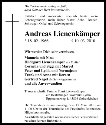 Traueranzeige von Andreas Lienenkämper von Tageszeitung