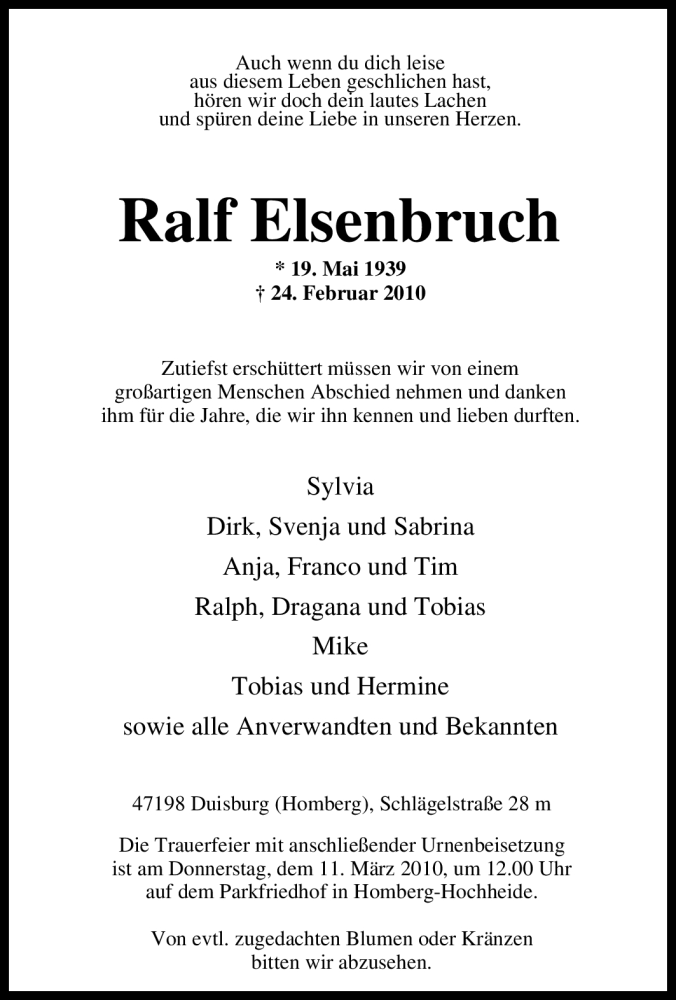  Traueranzeige für Ralf Elsenbruch vom 08.03.2010 aus Tageszeitung