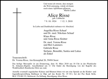 Traueranzeige von Alice Risse von Tageszeitung