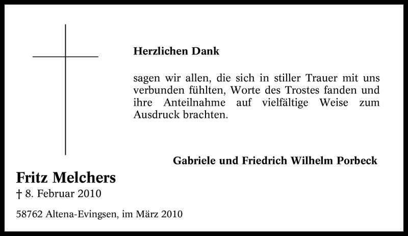 Traueranzeige für Fritz Melchers vom 13.03.2010 aus Tageszeitung