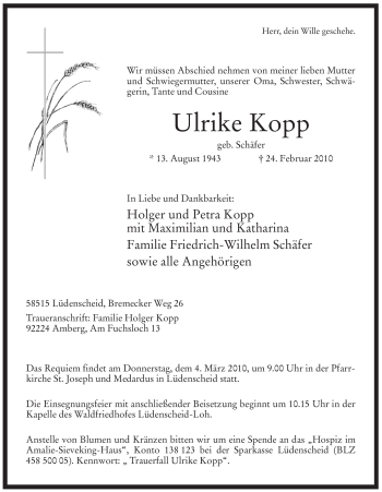Traueranzeige von Ulrike Kopp von Tageszeitung