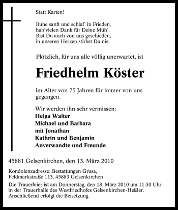 Traueranzeige von Friedhelm Köster von Tageszeitung