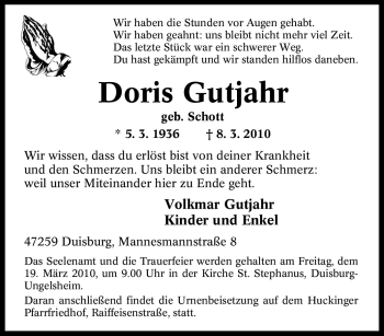 Traueranzeige von Doris Gutjahr von Tageszeitung