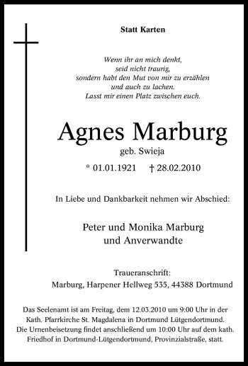 Traueranzeige von Agnes Marburg von Tageszeitung