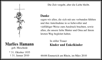 Traueranzeige von Marlies Hamann von Tageszeitung