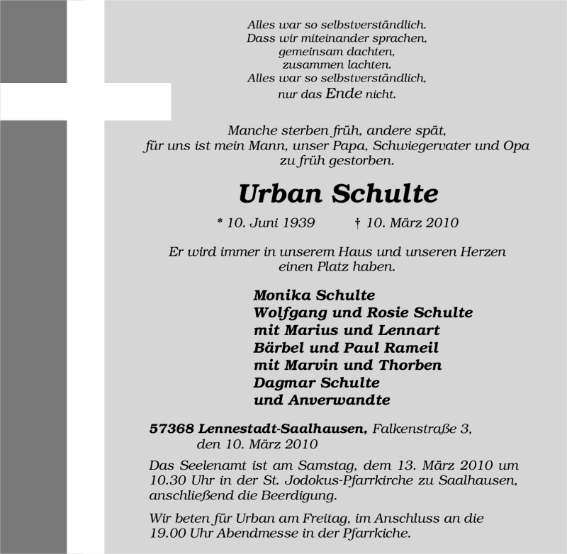  Traueranzeige für Urban Schulte vom 11.03.2010 aus Tageszeitung