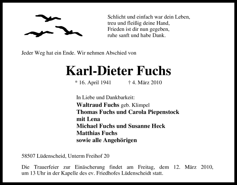  Traueranzeige für Karl-Dieter Fuchs vom 08.03.2010 aus Tageszeitung