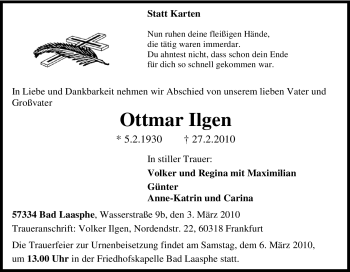 Traueranzeige von Ottmar Ilgen von Tageszeitung