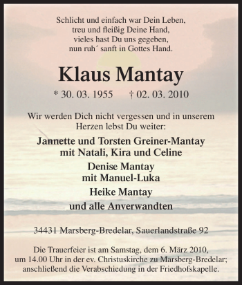 Traueranzeige von Klaus Mantay von Tageszeitung