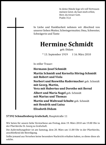 Traueranzeige von Hermine Schmidt von Tageszeitung