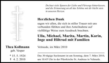 Traueranzeige von Thea Kollmann von Tageszeitung