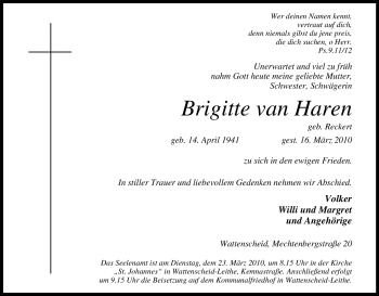 Traueranzeige von Brigitte van Haren von Tageszeitung