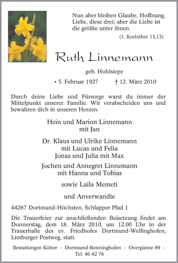Traueranzeige von Ruth Linnemann von Tageszeitung