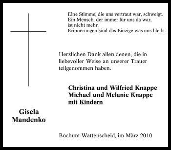 Traueranzeige von Gisela Mandenko von Tageszeitung