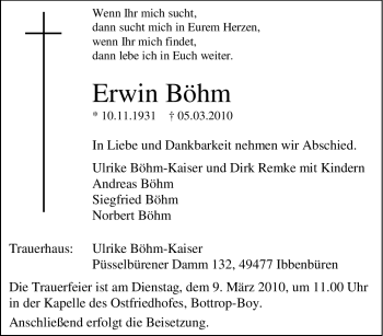 Traueranzeige von Erwin Böhm von Tageszeitung