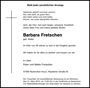Traueranzeige von Barbara Fretschen von Tageszeitung