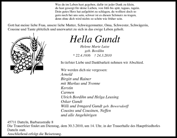 Traueranzeige von Hella Gundt von Tageszeitung