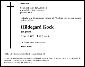 Traueranzeige von Hildegard Kock von Tageszeitung