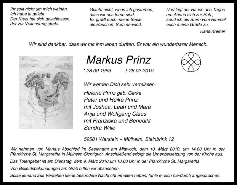  Traueranzeige für Markus Prinz vom 03.03.2010 aus Tageszeitung