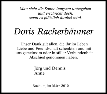 Traueranzeige von Doris Racherbäumer von Tageszeitung